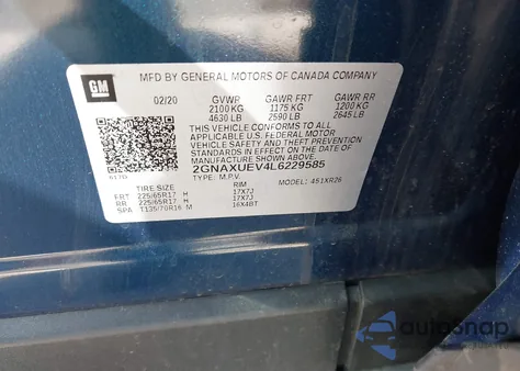 2020 Chevrolet Equinox Awd Lt 1.5L Turbo z USA, uszkodzony, nr VIN 2GNAXUEV4L6229585